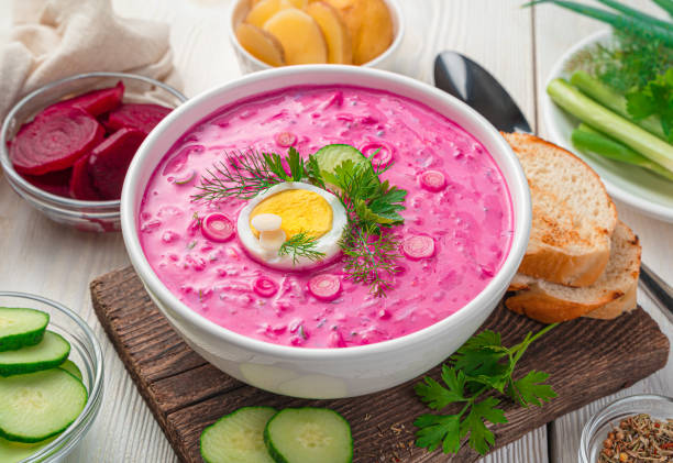 istock A plate of cold beetroot soup with egg and herbs on a light background 1336492448