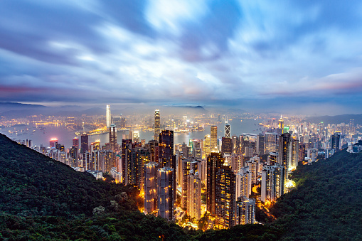 Night view of the Victoria Habour on top of Victoria Peak in Hong Kong , China