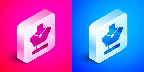 Vector illustration of Isometric Necklace on mannequin icon isolated on pink and blue background. Silver square button. Vector