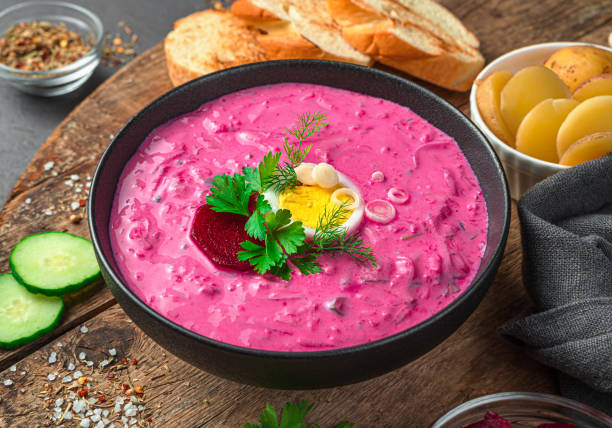 istock A portion of cold beetroot soup with herbs, egg and cucumber. Side view, close-up 1336499961