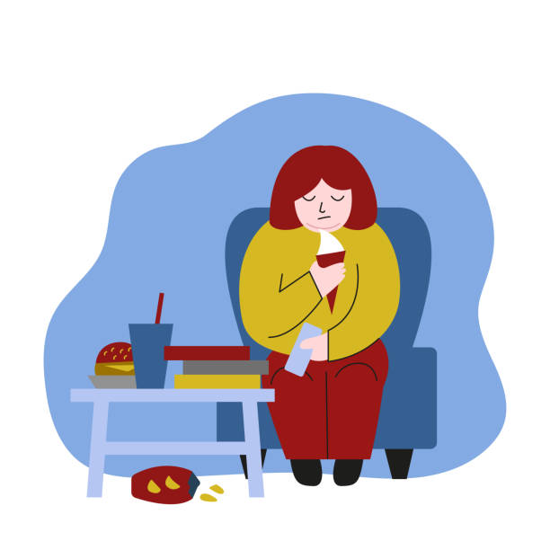 Overeating, depression, and eating disorder. Fat woman sitting in front of the tv and eating fast food. Vector flat illustration. greedy stock illustrations