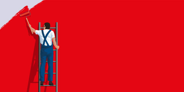 ilustraciones, imágenes clip art, dibujos animados e iconos de stock de fondo colorido con un pintor que cubre una pared de hormigón con rojo. - house painter painting paint wall