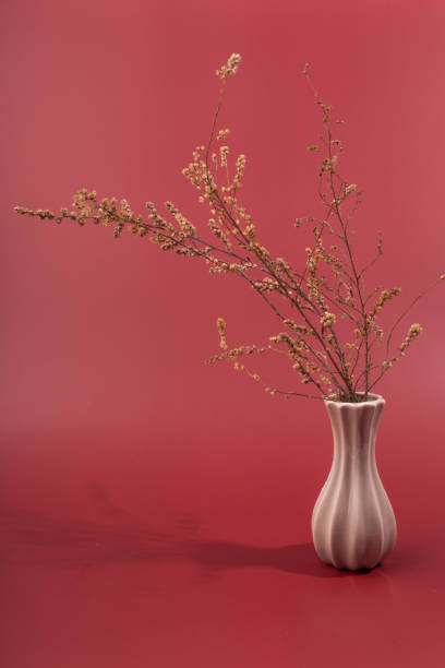 istock small porcelain vase with flowers on a red background. 1336502647