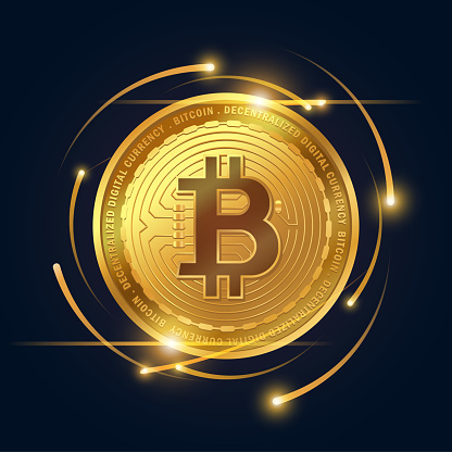 Golden Bitcoin cryptocurrency on dark background, Vector illustrator