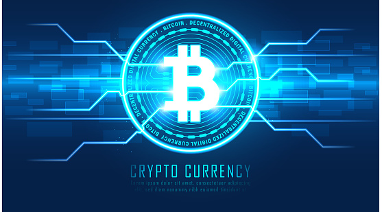 Bitcoin cryptocurrency with circuit graphic with sample texts, Vector illustrator