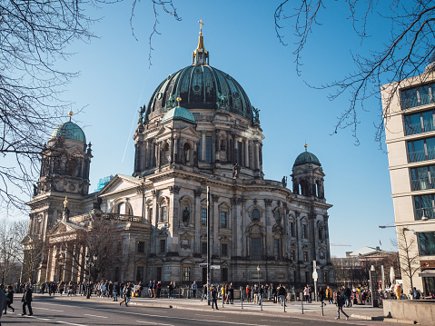 Berlin,Germany: February-19-2019. Berlin Cathedral (Berliner Dom) of the Evangelical Church surrounded by tourists