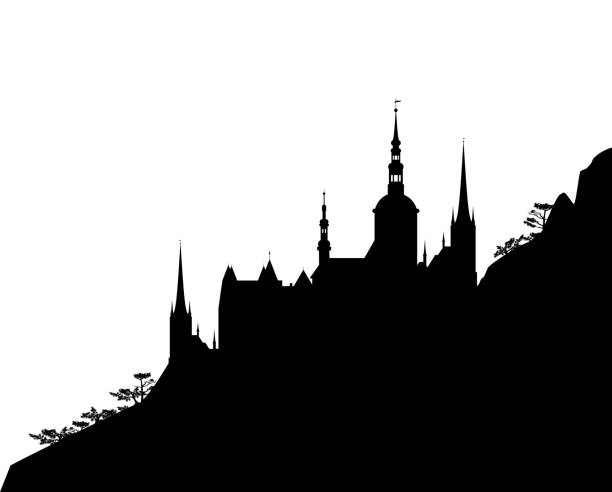 istock vector silhouette scene background with fairy tale castle at mountain slope 1336504232