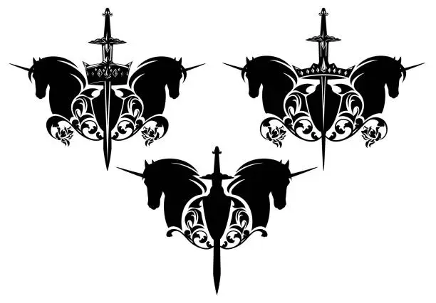 Vector illustration of unicorn horse head with king crown, sword and roses black and white vector heraldic design