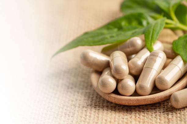 istock Andrographis paniculata or Kariyat leaf plant with herb capsules with copy space to treating covid-19 coronavirus viral infection. 1336507758