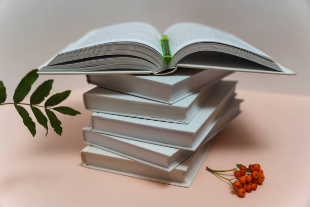 istock a stack of books on the table on a light pink background, study, back to school, library 1336510030