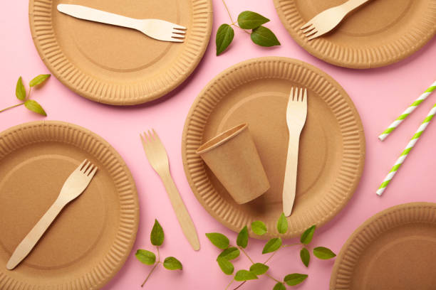 istock Eco friendly disposable dishes with green leaves on pink background. Zero waste, eco friendly, plastic free background. Vertical photo 1336510678