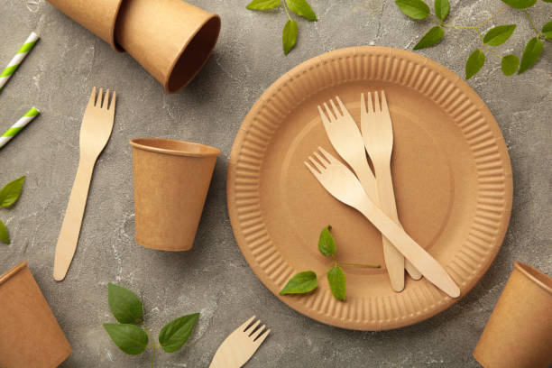 istock Eco friendly disposable dishes with green leaves on grey background. Zero waste, eco friendly, plastic free background. 1336510864