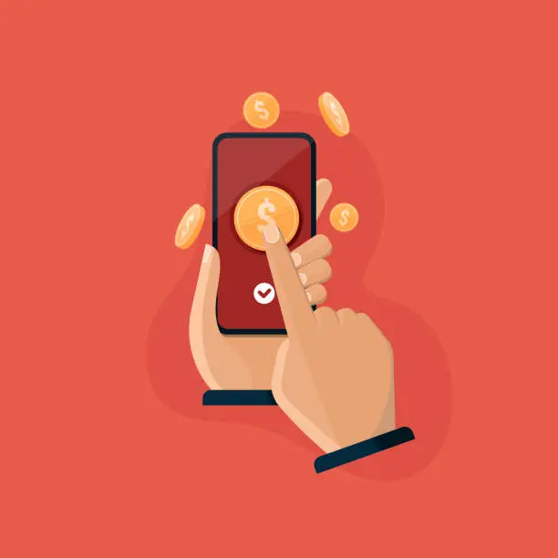 Vector illustration of Mobile payment App, Hand holding smartphone for sending and receiving money online