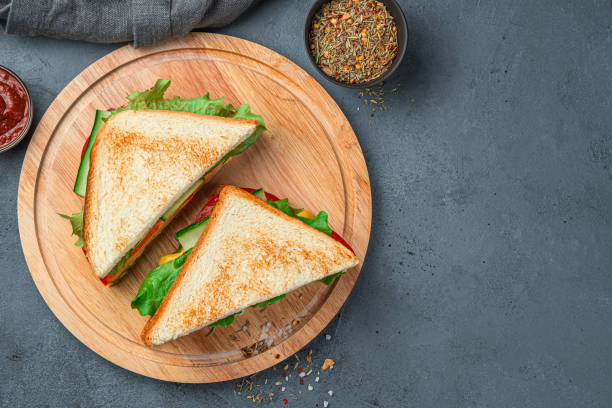 istock Sandwiches with turkey and fresh vegetables on a gray-blue background 1336511680