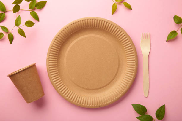 istock Eco friendly disposable dishes with green leaves on pink background. Zero waste, eco friendly, plastic free background. 1336512779