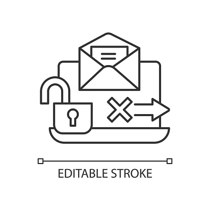 No transmission via email linear icon. Unencrypted email. Preventing security breach. Thin line customizable illustration. Contour symbol. Vector isolated outline drawing. Editable stroke