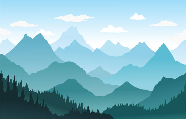 산과 수엽 숲 풍경. - layered mountain tree pine stock illustrations