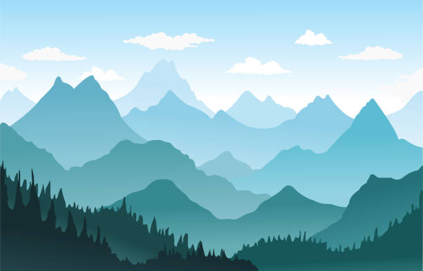 mountains and coniferous forest landscape. Vector mountains and coniferous forest landscape pine trees with blue sky .background illustration. cartoon mountains stock illustrations