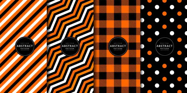 Vector illustration of Halloween digital paper. Abstract geometric buffalo check and gingham pattern set. Orange, Black, White, Zigzag, Polka dots, Line stripes. Endless texture with for decorative fabric