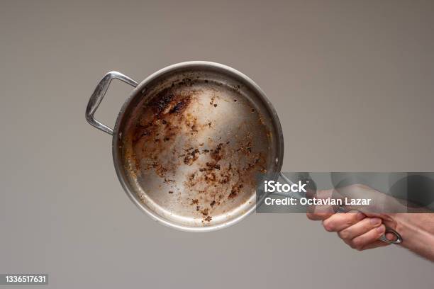 Dirty Oily Burnt Metal Frying Pan Held In Hand By Male Hand Stock Photo - Download Image Now