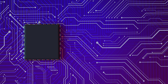 3D CPU chip concept: Close-up on an empty black square single computer part. Technological background with space for additional text message. Purple glowing wire-frame grid pattern.