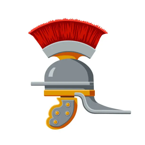 Vector illustration of an ancient iron Roman helmet with red feathers and bronze rivets, a military attribute