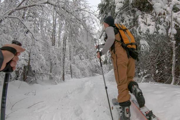 istock Young man backcountry skis through snowy forest 1336523231