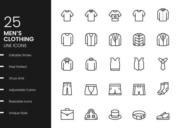 Men's Clothing Line Icons Men's Clothing Minimalistic Editable Stroke Vector Style Thin Line Icons mens fashion stock illustrations