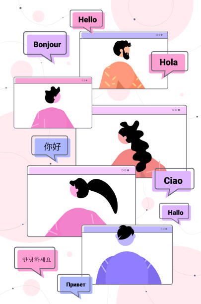 ilustraciones, imágenes clip art, dibujos animados e iconos de stock de personas que utilizan la aplicación de traducción móvil saludo multilingüe comunicación internacional en línea - simultaneous interpreter