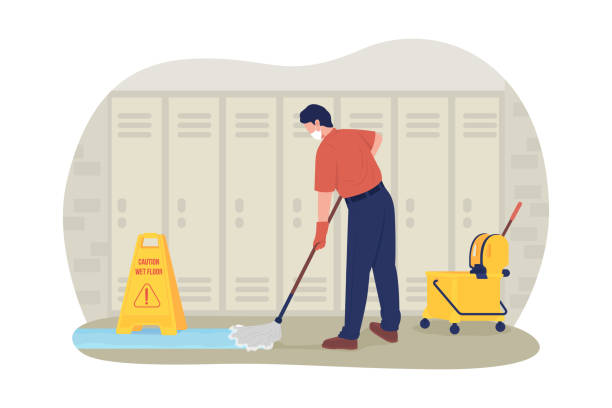 School janitor in the corridor 2D vector isolated illustration School janitor in the corridor 2D vector isolated illustration. Adult male cleaner mopping at school hallway flat characters on cartoon background. Coronovirus precaution colourful scene school cleaning stock illustrations