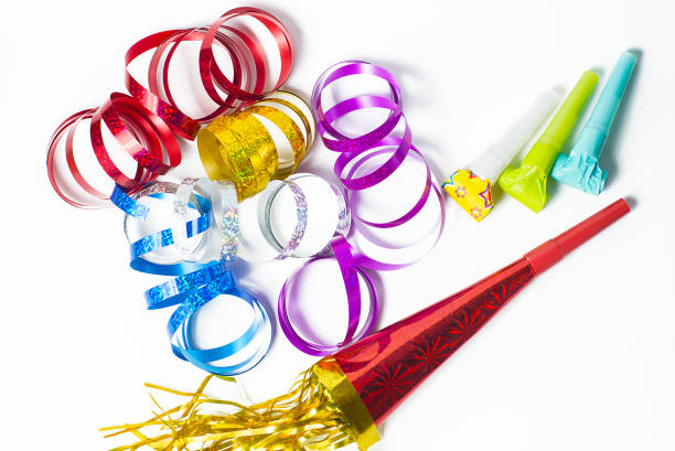 Item for party, colorful serpentine and blowers stock photo