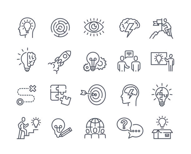 Set of icons for business Set of icons for business. Team management and goal achievement sticker collection. Design elements for website and social network. Cartoon line art flat vector illustrations on white background innovation stock illustrations