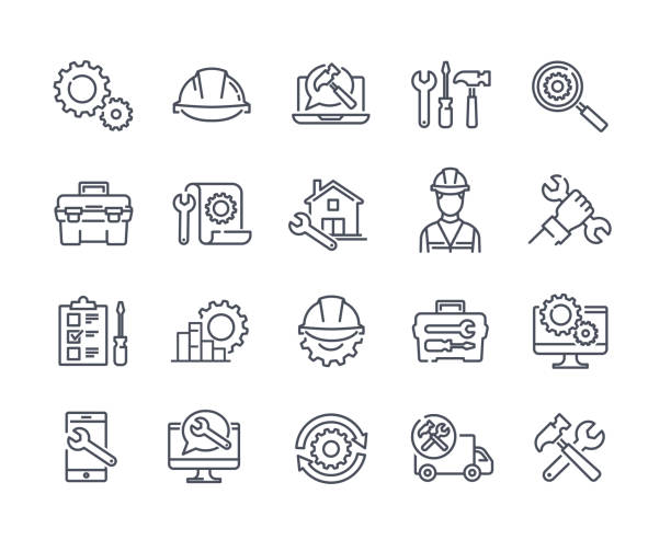 Icons with repair and construction Icons with repair and construction. Set of stickers with tools, employees, tasks. Design elements for websites and social networks. Cartoon line art flat vector collection isolated on white background maintenance support stock illustrations