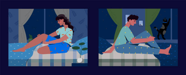 Convulsions during sleep concept Convulsions during sleep concept. Male and female character sitting on bed and holding on sick leg. Sudden pain at night. Cartoon contemporary flat vector collection isolated on dark background woman feet bed stock illustrations