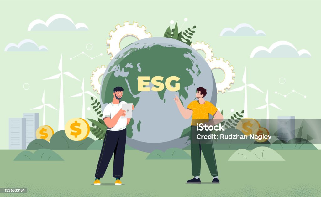 Taking care of environmental condition ESG Taking care of environmental condition ESG. Scientists have discovered alternative energy sources. Preserving resources of planet. Cartoon modern flat vector illustration isolated on green background Environmental Social Corporate Governance - ESG stock vector