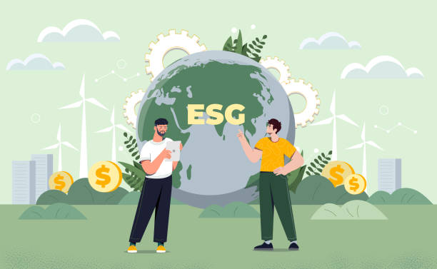 Taking care of environmental condition ESG Taking care of environmental condition ESG. Scientists have discovered alternative energy sources. Preserving resources of planet. Cartoon modern flat vector illustration isolated on green background environmental social corporate governance esg stock illustrations