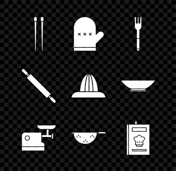 set food chopsticks, oven glove, fork, kitchen meat grinder, colander, cookbook, rolling pin and citrus fruit juicer icon. vector - rolling fork 幅插畫檔、美工圖案、卡通及圖標