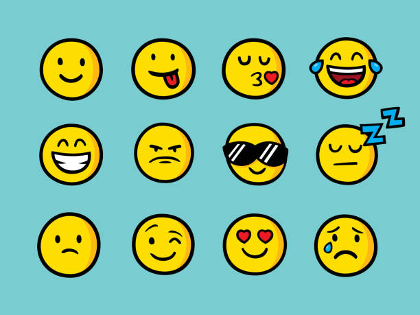 Emoji Doodle Set 1 Vector illustration of a hand drawn set of various emoji faces against a teal background. anthropomorphic smiley face stock illustrations