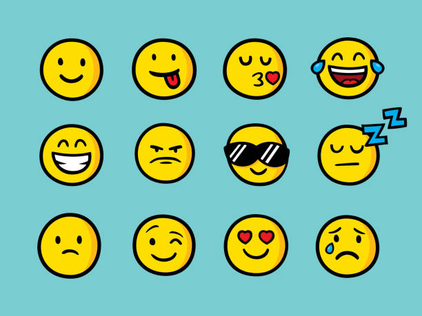 Emoji Doodle Set 1 Vector illustration of a hand drawn set of various emoji faces against a teal background. anthropomorphic face stock illustrations