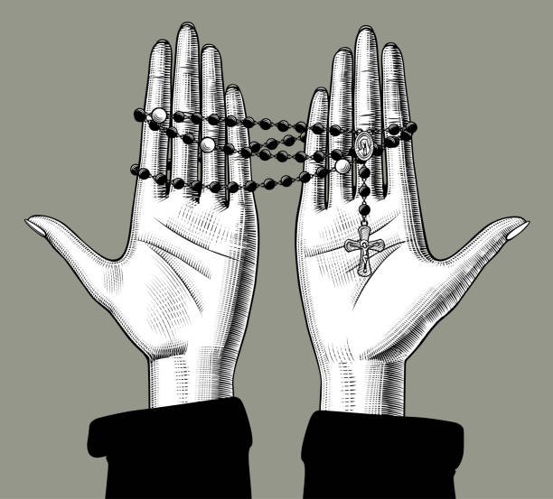 Female palms holding a rosary with a cross Female palms holding a rosary with a cross. Vintage engraving stylized drawing. Vector illustration nun praying cross human hand stock illustrations