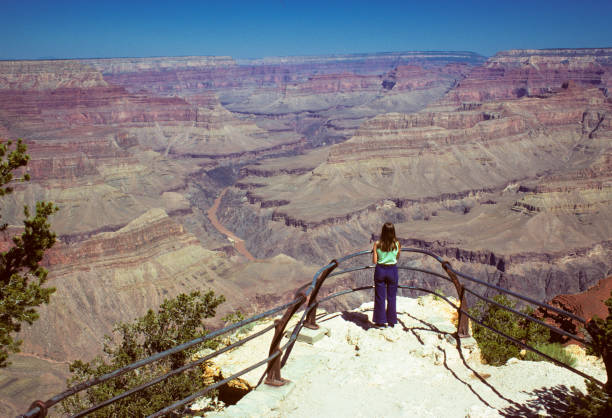 Grand Canyon National Park - Woman Visitor at South Rim Overlook - 1975 Grand Canyon National Park - Woman Visitor at South Rim Overlook - 1975. Scanned from Kodachrome 25 slide. south rim stock pictures, royalty-free photos & images