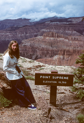 Cedar Breaks National Monument - Hiker at Point Supreme - 1975. Scanned from Kodachrome 64 slide.