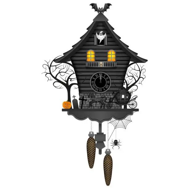 Vector illustration of Halloween cuckoo clock with old carriage, pumpkin, trees, bat and ghost