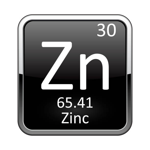 The periodic table element Zinc. Vector illustration Zinc symbol.Chemical element of the periodic table on a glossy black background in a silver frame.Vector illustration. zinc element stock illustrations