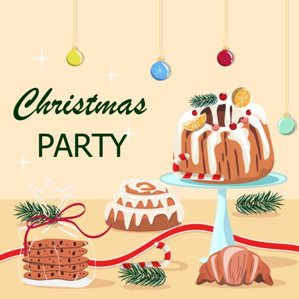bildbanksillustrationer, clip art samt tecknat material och ikoner med table for christmas party with pastry. - cinnamon buns people