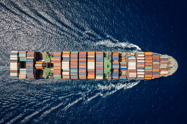 istock Aerial top down view of a large container carrier ship 1336541994