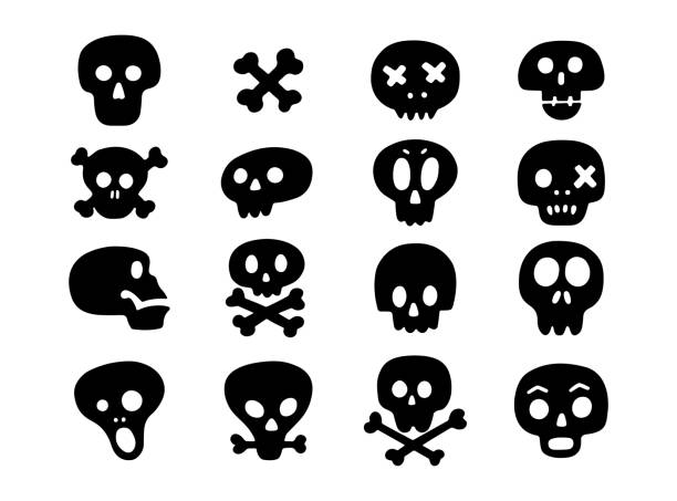 ręcznie rysowany zestaw czarnych czaszek i skrzyżowanych kości sylwetki - niebezpieczeństwo obrazy stock illustrations