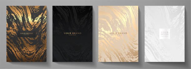 Modern elegant cover design set. Luxury fashionable background with abstract marble pattern in gold, black, silver color Elite premium vector template for menu, brochure, flyer layout, presentation fashion and beauty background stock illustrations