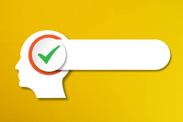 Human brain with check icon and speech bubble on yellow background, mental health and problems with memory