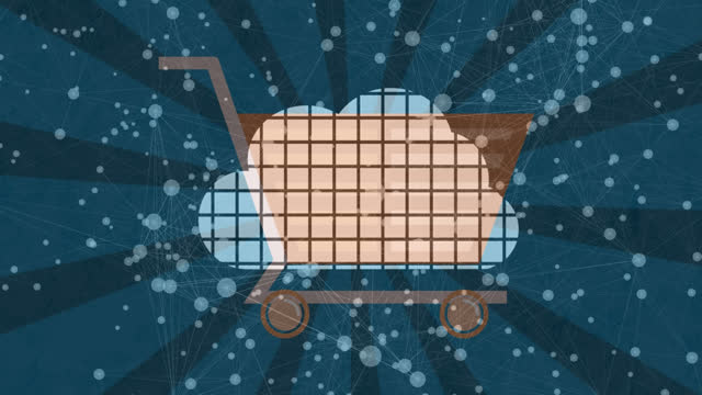 Animation of squares forming cloud icon, over shopping cart, with spots of light, on black